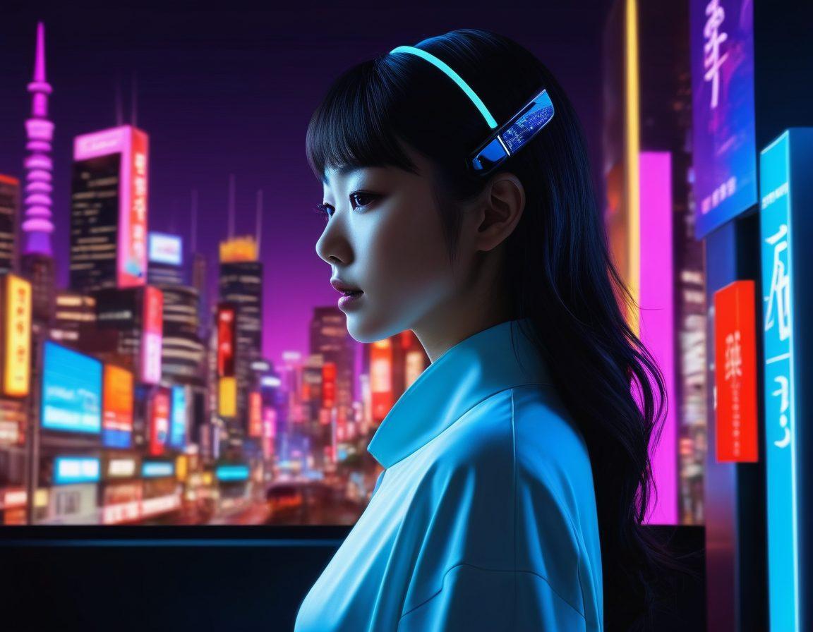 A sophisticated streaming interface on a sleek, high-tech device; a seductive yet tasteful silhouette of a Japanese model in the background. Neon lights reflecting off a futuristic cityscape within the screen, emphasizing high resolution and premium quality. Super-realistic. vibrant colors. white background.