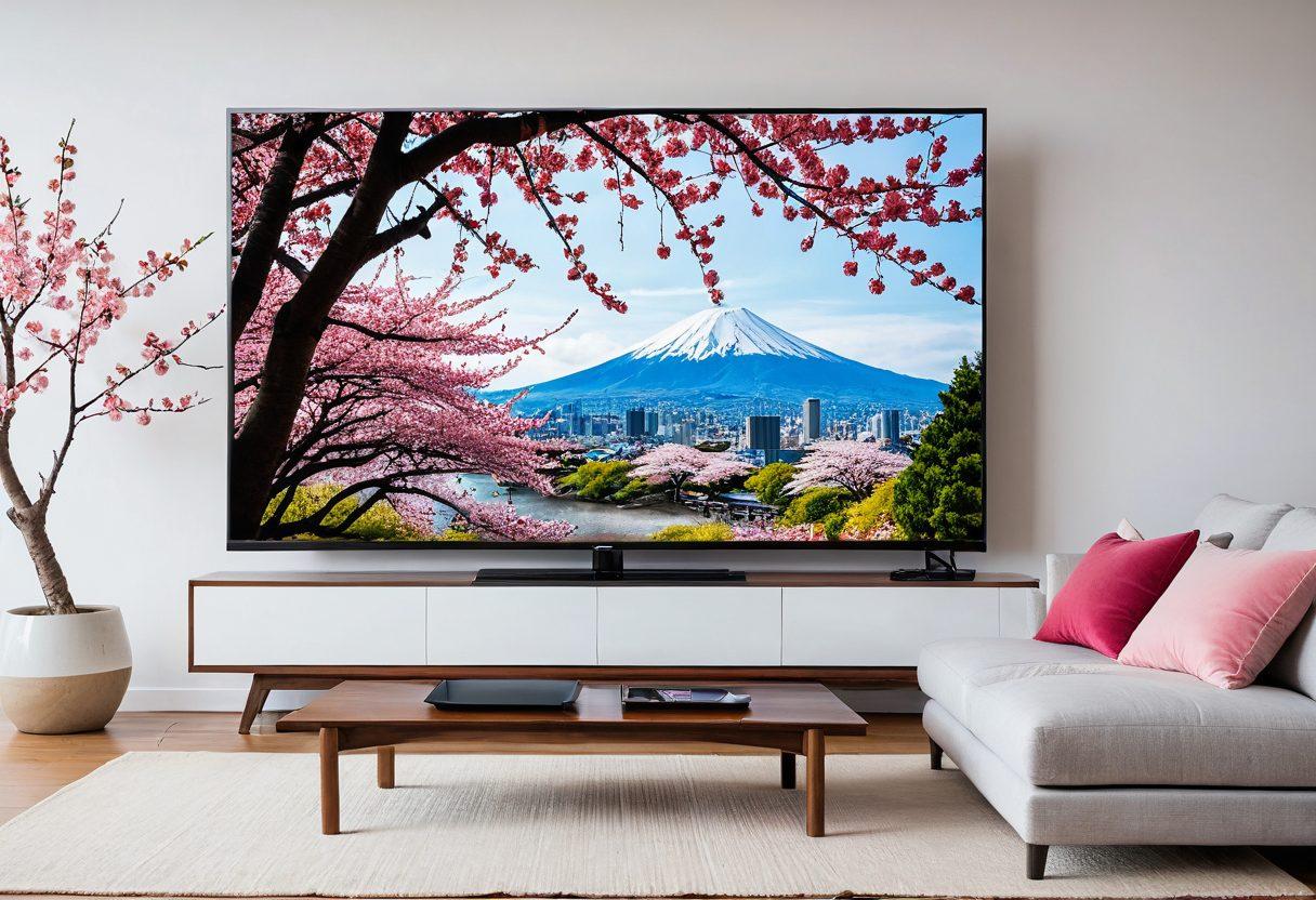 A sleek, modern living room scene featuring a large, high-definition television displaying a vibrant Japanese AV. The TV's clarity reflects the crystal-clear quality, with serene cherry blossoms and stunning visuals. A content viewer relaxes on a plush sofa with a remote in hand. Calm, minimalistic decor enhances the atmosphere of unparalleled viewing pleasure. super-realistic. vibrant colors. white background.