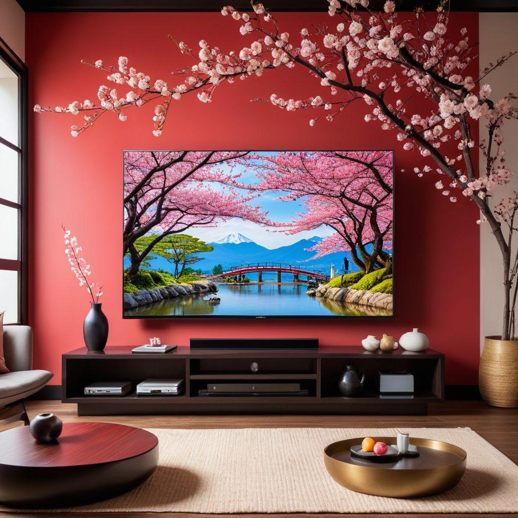 An elegant and modern living room with a high-definition TV screen displaying vibrant Japanese adult content platforms, with sleek and stylish streaming platform logos in crisp HD quality. The background should include Japanese cultural elements like cherry blossoms and traditional decor. super-realistic. vibrant colors. modern aesthetic.